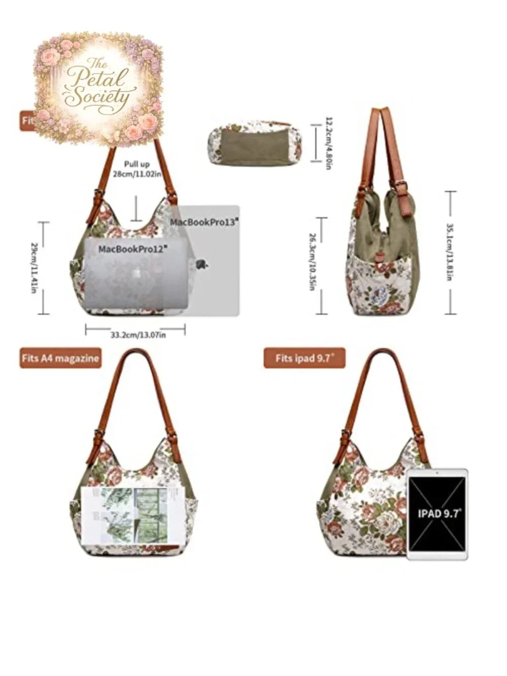 Women Canvas Hobo Purse Multi Pocket Tote Shopper Shoulder Bag with Embroidery